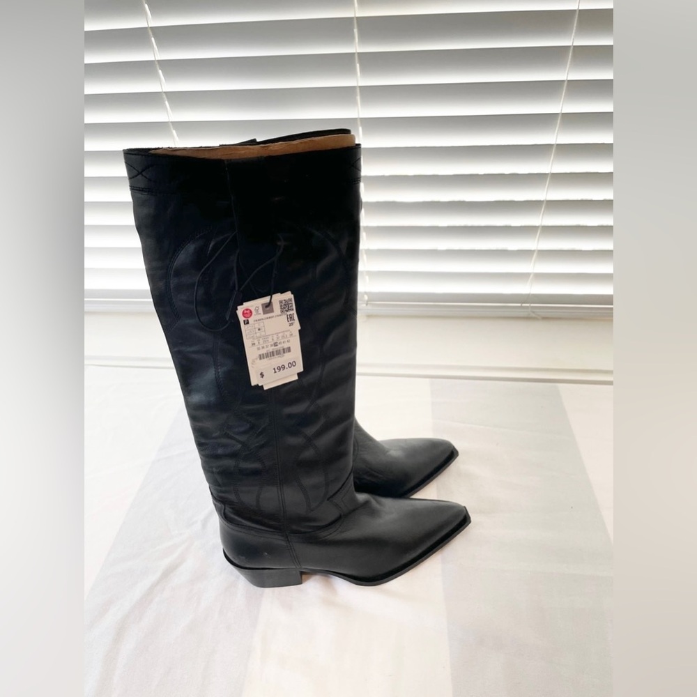 NWT Zara premium black 
Leather western knee high boots sz 39